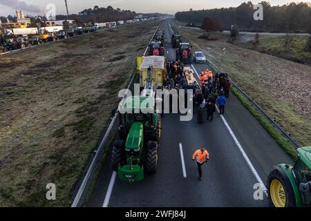 Bordeaux, France. 31 janvier 2024. © PHOTOPQR/Sud Ouest/Thierry DAVID ; Bordeaux ; 31/01/2024 ; DESCRIPTION :DESCRIPTION :Bordeaux 31 janvier 2024. Autoroute A 63 Echangeur 23 Marcheprime. Agriculteurs en couleur .les agriculteurs organisateurs le bloc de l'autoroute A63 entre Bordeaux et Arcachon. un bloc est en cours ce mercredi 31 janvier sur l'autoroute A63, proche de l'Echangeur 23 dans les deux sens de circulation, au niveau de Marcheprime (Gironde).photo Thierry DAVID French Farmers' Protest Continuer France Jan 31, 2024 Credit : MAXPPP/Alamy Live News Banque D'Images