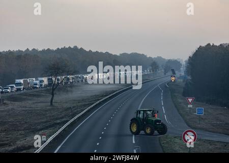 Bordeaux, France. 31 janvier 2024. © PHOTOPQR/Sud Ouest/Thierry DAVID ; Bordeaux ; 31/01/2024 ; DESCRIPTION :DESCRIPTION :Bordeaux 31 janvier 2024. Autoroute A 63 Echangeur 23 Marcheprime. Agriculteurs en couleur .les agriculteurs organisateurs le bloc de l'autoroute A63 entre Bordeaux et Arcachon. un bloc est en cours ce mercredi 31 janvier sur l'autoroute A63, proche de l'Echangeur 23 dans les deux sens de circulation, au niveau de Marcheprime (Gironde).photo Thierry DAVID French Farmers' Protest Continuer France Jan 31, 2024 Credit : MAXPPP/Alamy Live News Banque D'Images