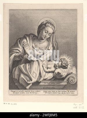 Marie dans le culte à la Christuskind, Lucas Vorsterman (I), d'après Pierre Paul Rubens, 1640 - 1675 imprimer Maria avec les mains pliées dans le culte à l'enfant du Christ endormi. Anvers papier gravure / gravure adoration du Christ-enfant par Marie Banque D'Images
