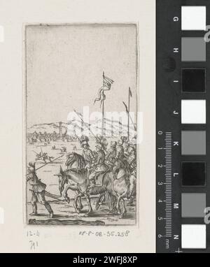 Soldats levants à cheval, anonyme, 1620 - 1664 imprimer au premier plan un groupe de soldats levants à cheval. En arrière-plan un visage sur une ville entre les collines. papier mordant le soldat ; la vie du soldat. guerre ; affaires militaires (+ cavalerie, cavaliers). vue sur la ville et paysage avec constructions artificielles Banque D'Images