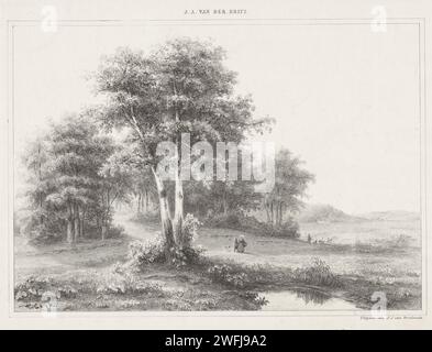 Paysage avec berger et troupeau, Johannes Adrianus van der Drift, 1818 - 1883 imprimer au milieu du paysage, il y a deux arbres à côté d'une piscine. En outre, deux personnages marchent avec un chien. Au loin une bruyère avec un troupeau de moutons. Pâturage de papier Haarlem, pâturage. troupeaux, bergers, bergers, bergers, bergers, bergers, vache, etc. piscine, flaque d'eau (+ paysage avec figures, personnel) Banque D'Images