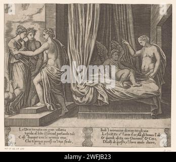 Vénus punit Amor, maître des dés, après Michiel Coxie (i), c. 1530 - c. 1560 imprimer Vénus punit son fils Amor en raison de son amour pour la psyché de la fille du roi. Sur la gauche, psyché avec les déesses Juno et Cérès. Texte italien dans deux cartouches en STUDMARGE. Deux fois numéroté en bas à gauche : 17. Italie gravure sur papier d'autres scènes de l'histoire de Cupidon et psyché. Psyché avec Ceres. Psyché avec Juno. Vénus punissant Cupidon Banque D'Images