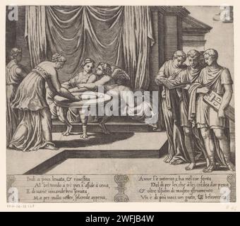 Amor et psyché au lit, maître des dés, d'après Michiel Coxie (i), c. 1530 - c. 1560 estampe amor et psyché sur le lit dans le palais d'Amor. À droite, quatre musiciens avec un livre de chansons et un homme tournant. Texte italien dans deux cartouches en STUDMARGE. Numéroté deux fois en bas à gauche : 8. Italie gravure sur papier Cupidon et psyché en amoureux. Psyché dans le palais de Cupidon. Psyché est assisté par des mains invisibles ; les toilettes de psyché. hurdy-gurdy. musique vocale, chant Banque D'Images