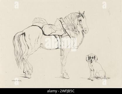 Cheval et chien sellé, Hendrik Abraham Klinkhamer, 1841 print Etude d'un cheval sellé avec une bride et un chien assis. Papier Amsterdam contre-résistant chevaux et animaux apparentés. chien Banque D'Images