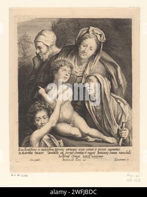 Sainte famille avec Elisabet et Johannes de Baptist enfant, Lucas Vorsterman (I), d'après Andrea del Sarto, 1619 - 1675 imprimer Anvers gravure sur papier Sainte famille avec Jean Baptiste, Elisabeth présente Banque D'Images