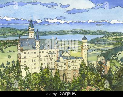 Aquarelle paysage Neuschwanstein Château Bavière Allemagne art mural tendance article fait main essentiels de voyage giclée (imprimé) Banque D'Images