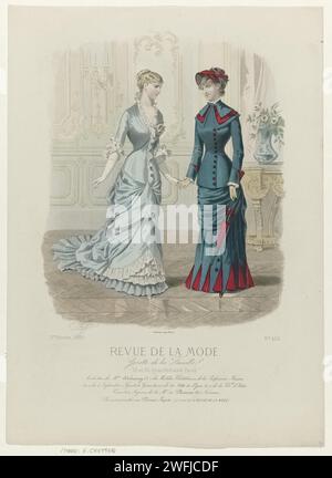 Revue de mode, Family gazette, dimanche 29 août 1880, 9e année, no 452 : Mme Delannoy toilettes (...), E. Cheffer, 1880 deux femmes, main dans la main, vêtues de robes Delannoy. Gauche : Robe avec manches mi-longues et drag. Droite : Robe avec un corps avec trois cols d'épaule et au milieu devant d'une rangée de noeuds. Sous l'image quelques lignes de texte publicitaire pour différents produits. Tirage du magazine de mode Revue de la mode (1872-1913). Assiettes de mode gravure papier Paris. robe, robe (+ vêtements pour femmes). bâton de marche, personnel, canne (+ vêtements pour femmes). casque : chapeau (+ clo pour femmes Banque D'Images