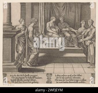 Psyché et ses sœurs se sont mariées avec des rois, maître des dés, d'après Michiel Coxie (i), c. 1530 - c. 1560 imprimer psyché et ses deux sœurs avec trois rois dans un palais. Les sœurs psyché étaient toutes les deux mariées à des rois. Texte italien dans deux cartouches en STUDMARGE. Numérotés en bas à gauche : 2 et 3. Gravure sur papier psyché. souverain, souverain. palais Banque D'Images