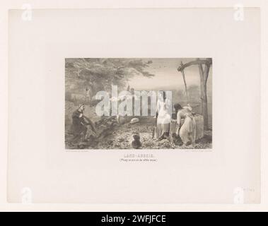Agriculteurs et femmes au Put, Charles Rochussen, en ou avant 1858 - 1864 imprimer Un agriculteur marche derrière son équipe tirée par du bœuf. Deux femmes regardent sur la droite, l'une tourne, l'autre remplit les cruches d'eau du puits. Labourage de papier Haarlem. eh bien Banque D'Images