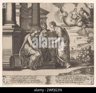 Psyche reçoit la visite de ses sœurs, maître des dés, après Michiel Coxie (i), c. 1530 - c. 1560 print psyche reçoit la visite de ses deux sœurs. En haut à droite, les sœurs pour Zephyrus (la personnification du Westenwind) sont amenées à psyché. Texte italien dans deux cartouches en STUDMARGE. Deux fois numéroté en bas à gauche : 11. Italie gravure sur papier les sœurs de psyché lui sont apportées par Zephyrus Banque D'Images