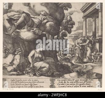 Psyché portée par Zephyrus, maître des dés, d'après Michiel Coxie (i), c. 1530 - c. 1560 imprimer psyché est emporté pendant son sommeil par Zephyrus (la personnification du Westenwind). Sur la droite l'arrivée de psyché dans le Palais d'Amor. Texte italien dans deux cartouches en STUDMARGE. Deux fois numéroté en bas à gauche : 6. Italie gravure sur papier Zephyrus emporte psyché loin. Psyché s'endort dans un pré ; quand elle se réveille, elle découvre le palais de Cupidon Banque D'Images