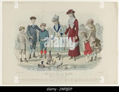 Revue de mode, Family gazette, dimanche 8 mai 1881, 10e année, n ° 488 : costumes pour enfants (...), Anonyme, 1881 sept costuums différents pour garçons et filles, selon la légende de l'entrepôt anglais. De gauche à droite (1 à 7) : 1. costume pour un garçon de sept ans, composé d'un pantalon de genou et d'un chemisier. Chapeau de paille décoré d'un ruban. 2. Costume de Blue Laeken pour un garçon de douze ans. 3. Costume de Groen Laeken pour un garçon de huit ans. Ceintuur de cuir jaune. Casquette verte avec pneu écossais à damier. 4. 'toilette 'pour une fille de onze-douze ans. Robe anglaise Banque D'Images