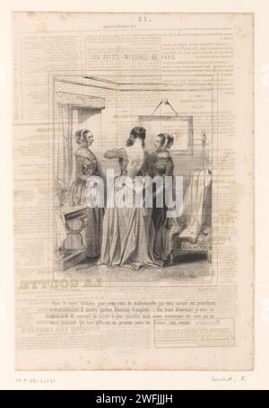 Couturière aide une femme à habiller une robe, Frédéric Bouchot, 1843 - 1844 imprimer la couturière dit qu'elle a fait la robe ample, selon les recommandations précédentes du client. Cependant, la femme répond que cette fois, elle veut un modèle mince, parce que son nouvel adorateur le tient. Papier de Paris. tailleur de papier, couturier. Client plaignant - BB - femmes engagées dans le commerce et le commerce Paris Banque D'Images