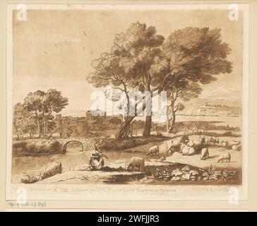 Paysage avec Mercure qui vole le bétail d'Admetus d'Apollon, Richard Earlom, d'après Claude Lorrain, 1776 print papier de Londres gravure de la ville-vue, et paysage avec constructions artificielles - II - paysages idéaux. Paysage avec pont, viaduc ou aqueduc - II - paysages idéaux. Mercure vole le troupeau qu'Apollo s'occupe Banque D'Images