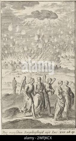 Lot et ses filles quittent Sodome brûlante, Jan Luyken, 1727 - 1729 print Amsterdam paper la destruction de Sodome et Gomorrhe : Lot et sa famille fuient à Zoar, portant leurs biens ; un ange peut montrer le chemin (Genèse 19:24-29) Banque D'Images