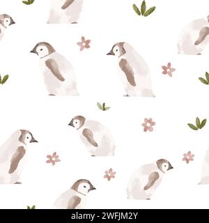 Motif sans couture de pingouins mignons. Motif de bébés animaux dessinés à la main. Motif aquarelle Banque D'Images