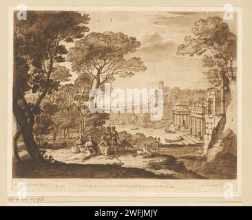 Paysage avec Nymphe Egeria, deuil sur Numa, Richard Earlom, d'après Claude Lorrain, 1776 tirage papier Londres gravure lac - HH - paysages idéaux. Paysage avec ruines - II - paysages idéaux. Egeria changea en fontaine : quand le chagrin d'Egeria à la mort de Numa Pompilius ne peut être apaisé, elle fondit en larmes, et est changée en fontaine (Ovide, Métamorphoses XV 546) Banque D'Images