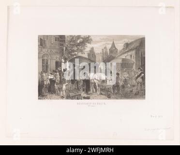 Voiture de voyage et transport, Charles Rochussen, dans ou avant 1858 - 1864 imprimer les gens qui se reposent et boivent sont autour d'une voiture de voyage et d'un chariot dans une ville du XVIIe siècle. Voyage sur papier Haarlem ; tourisme. véhicule à quatre roues, tiré par des animaux, p.ex. cabine, voiture, autocar Banque D'Images