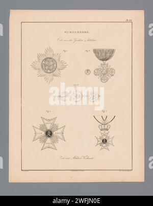 Chevaliers de Württemberg, Willem Charles Magnenat, d'après J. Bischoff, 1843 imprimer les ordres et décorations de l'ordre de l'Aigle d'or et de l'ordre du mérite militaire sont représentés. Numéroté en haut à droite : pl. 44. Amsterdam paper Knighthood order Württemberg Banque D'Images