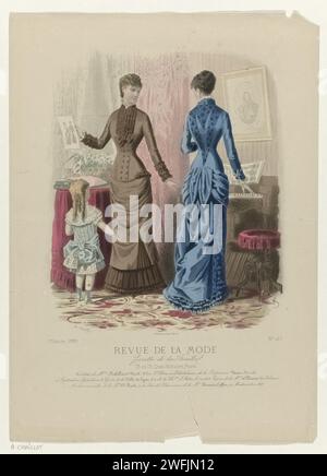 Revue de mode, Family gazette, dimanche 7 mars 1880, 9e année, no 427 : toilettes de Mme Robillard-Noël (...), A. Chaillot, 1880 deux femmes une fille dans un intérieur. La femme à gauche tient un imprimé de mode en main, l'autre est avec un piano. Les deux portent des robes Robillard -oel. La jeune fille porte des vêtements pour enfants pour un enfant de trois à quatre ans de l'entrepôt anglais. Milieu : Costume brun de Kashmier ('Cachemire d'Ecosse') et Satin, pour les courses hippiques, 'visites', 'intérieur'. A droite : Bleu 'Robe d'i intérieur et les visites' de laine et satin ('lainage Satinn') et velours. Sous le Banque D'Images