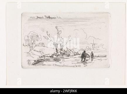 Patineur à Knotwilgen, Johannes Franciscus Hoppenbrouwers, 1857 imprimer Paysage d'hiver avec deux patineurs sur la glace, passant devant deux saules pollard. Un moulin en arrière-plan. La Haye papier gravure / patins à pointes sèches (sports d'hiver). moulin à vent en paysage (+ ville(-scape) avec chiffres, personnel). arbres : saule Banque D'Images