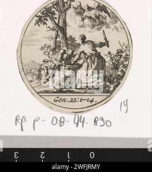 Offre d'Isaak, Jan Luyken, 1700 print Abraham est sur le point de sacrifier son fils Isaac. Un ange l'arrête (Genèse 22 : 1-14). Amsterdam gravure de papier quand Abraham a sa main levée pour tuer Isaac, Dieu ou la main de Dieu retient la main d'Abraham Banque D'Images