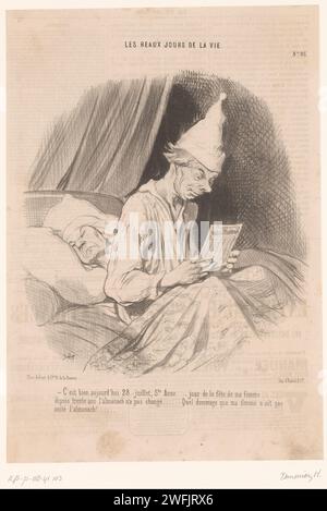 Vieil homme avec calendrier au lit, Honoré Daumier, 1846 le vieil homme voit qu'aujourd'hui c'est Sint Anna, 28 juillet, anniversaire de sa femme. Il regrette que sa femme ne soit pas restée la même au fil des ans, comme Sint Anna sur l'Almanak. Caricatures en papier de Paris (types humains). satire sur le mariage. calendrier, almanach. réveil. vieil homme. vieille femme Banque D'Images