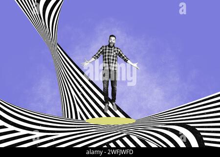 Magazine image croquis image collage de souriant gars heureux sautant trampoline de réalité de jeu 3d isolé fond créatif Banque D'Images