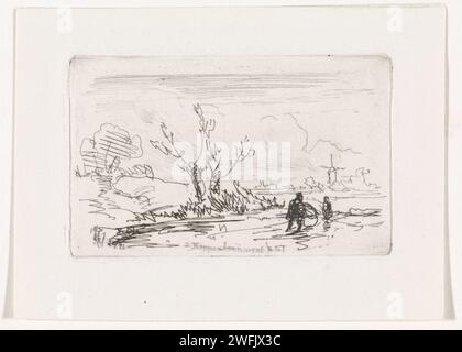 Patineur à Knotwilgen, Johannes Franciscus Hoppenbrouwers, 1857 imprimer Paysage d'hiver avec deux patineurs sur la glace, passant devant deux saules pollard. Un moulin en arrière-plan. La Haye papier gravure / patins à pointes sèches (sports d'hiver). moulin à vent en paysage (+ ville(-scape) avec chiffres, personnel). arbres : saule Banque D'Images