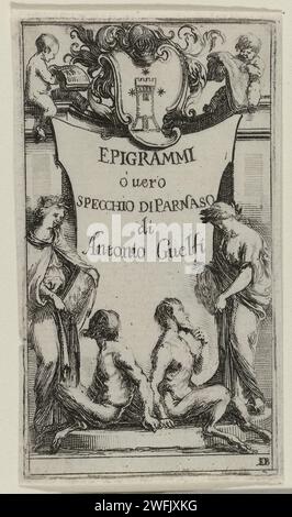 Met Putti cartouche, Nimfen en Saters, Stefano Della Bella, 1620 - 1664 imprimer Un cartouche avec titre. Au milieu d'un blason flanqué de deux putti de lecture. En bas à droite une nymphe avec un miroir et une saat. En bas à gauche une nymphe avec un livre et un satire. gravure sur papier cupids : 'amores', 'amoretti', 'putti'. ornement  cartouche. satyre(s) (en général). Nymphes (en général) ; 'Ninfe in communal' (Ripa) Banque D'Images