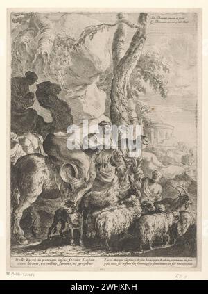 Jakob avec sa famille sur le chemin du retour, Sébastien Bourdon, 1626 - 1671 papier gravé Jacob sur le chemin de Canaan avec sa famille, ses troupeaux, chameaux et tous ses biens Banque D'Images