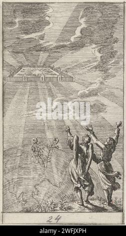 Engel montre Johannes Het Nieuwe Jerusalem, Anonymous, d'après Jan Luyken, 1681 - 1762 papier gravé un ange montre Jean le Nouveau Jérusalem (céleste) descendant du ciel ; parfois Christ est montré conduisant ses agneaux à la ville Banque D'Images