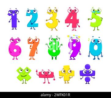 Dessins animés drôles de chiffres mathématiques. Mignon drôle un, deux, trois, quatre et cinq. Six, sept, huit neuf ou zéro. Multipliez et divisez, plus ou moins les signes mathématiques vectoriels isolés Illustration de Vecteur