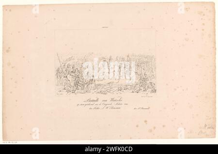 Bataille de Waterloo, Nicolaas Pieneman, d'après Jan Willem Pieneman, 1820 - 1833 imprimer bataille de Waterloo, 18 juin 1815. Vue du champ de bataille lorsque le commandant anglais Wellington entend que l'aide prussienne est sur la route. Le blessé Willem, prince d'Orange, est emmené à gauche au premier plan. Les commandants et autres officiers à cheval sont au milieu, au premier plan des soldats blessés et morts. Les combats font rage sur le champ de bataille en arrière-plan. Amsterdam paper charge  bataille (+ forces terrestres). Mettre hors d'action en blessant Waterloo Banque D'Images