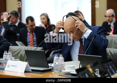 Bruxelles, Belgique. 31 janvier 2024. Nikos Dendias, ministre de la Défense lors de la réunion informelle des ministres de la Défense de l'UE à Bruxelles, Belgique, le 31 janvier 2024. Crédit : ALEXANDROS MICHAILIDIS/Alamy Live News Banque D'Images