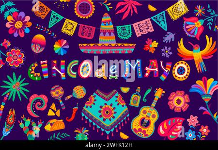 Bannière colorée Cinco de Mayo avec des fleurs tropicales, poncho et sombrero, guitare vectorielle et maracas. Vacances mexicaines Cinco de Mayo fiesta fond avec papel picado drapeaux, Taco, burrito et tequila Illustration de Vecteur