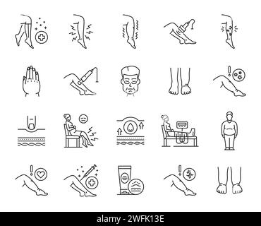 Icônes de ligne d'œdème de vecteur gonflé jambes, pieds et parties du corps, visage et main. Symptômes de maladie du système lymphatique, inflammation des varices et douleur. Causes de l'œdème, symboles de prévention et de traitements Illustration de Vecteur