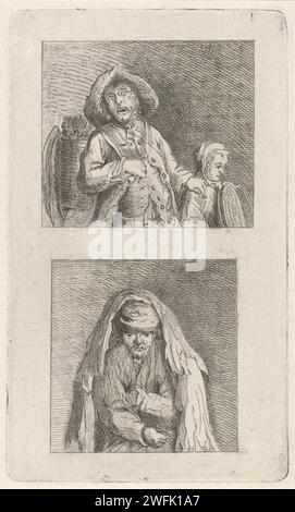 Aveugle avec superviseur et mendiant, Pieter de Mare, 1768 - 1796 imprimer deux représentations ; au-dessus d'un aveugle avec un compagnon et sous un mendiant en chiffons. Leiden paper graving mendiant. aveugle, cécité Banque D'Images