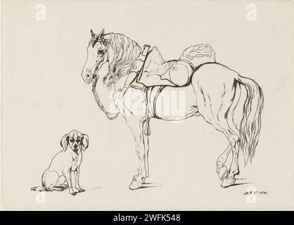 Cheval sellé et un chien, Hendrik Abraham Klinkhamer, 1841 print Etude d'un cheval sellé avec une bride et un chien assis. Amsterdam papier gravure de chevaux et d'animaux apparentés. chien Banque D'Images