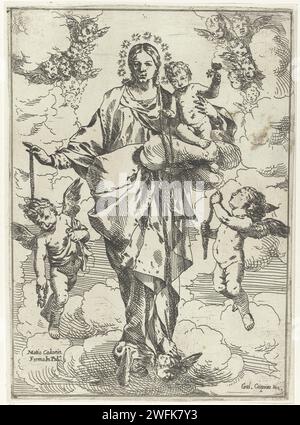 Maria van de Rozenkrans, Giulio Carpioni (I), 1623 - 1679 imprimer Marie avec l'enfant Christ sur son bras, flottant sur les nuages. Les deux ont un rosaire dans leur main. Ils sont flanqués de chaque côté par un putto avec un chapelet à la main. Imprimeur : Venicepublisher : Padoue papier gravure Madonna du Rosaire Banque D'Images