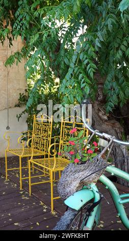 Vélo vintage avec panier en osier plein de fleurs garé sur une rue rustique Banque D'Images