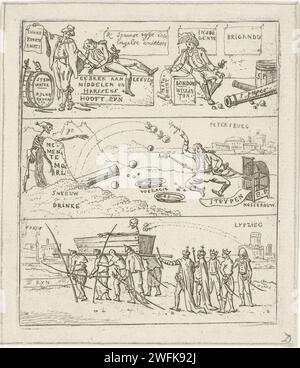 Caricature avec trois images sur les pertes en Espagne, Moscou et Leipzig, 1813 impression au-dessus d'un soldat français qui fait son testament après la défaite des Français en Espagne. Au milieu un soldat touché par des balles. En arrière-plan la ville de Saint-Pétersbourg. Sous un cercueil avec un cadre est porté à Paris. Un boulet de canon vient de la ville de Leipzig. Papier Amsterdam gravure du soldat ; la vie du soldat. transporter les malades, les blessés et les morts hors du champ de bataille Banque D'Images