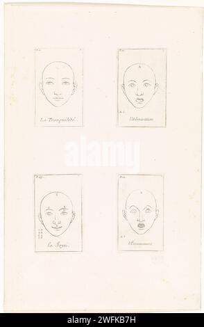 Performances de différentes émotions, Bernard Picart, d'après Charles le Brun, 1711 impression feuille vierge avec quatre impressions avec des représentations de têtes qui expriment des émotions différentes. De gauche à droite, de haut en bas : la tranquillité, l'admiration, la Joye, l'Eltonnement. Les tirages ont un titre en français et sont marqués d'un numéro de page et d'une lettre. Amsterdam gravure sur papier / gravure morphologie de l'expression faciale Banque D'Images