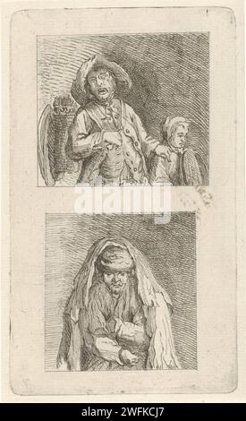 Aveugle avec superviseur et mendiant, Pieter de Mare, 1768 - 1796 imprimer deux représentations ; au-dessus d'un aveugle avec un compagnon et sous un mendiant en chiffons. Leiden paper graving mendiant. aveugle, cécité Banque D'Images