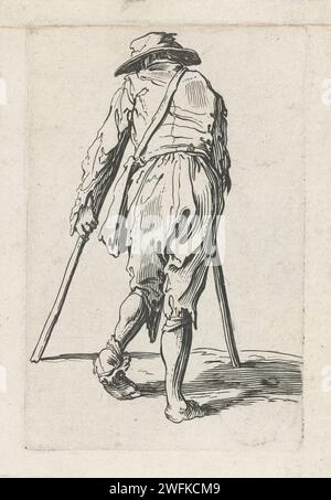 Begelaar avec béquilles, vu sur le dos, anonyme, d'après Jacques Callot, 1622 - 1670 imprimé Homme, vêtu de chiffons, vu sur le dos, marchant à l'aide de deux béquilles. Ce tirage fait partie d'une série de 25 (?) Estampes avec mendiants et vagabonds, comme Callot qui a probablement vu en Italie. France (peut-être) mordant de gravure de papier. béquilles Banque D'Images