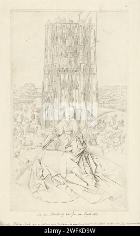 Sainte Barbara, Cornelis du Nord, d'après Jan van Eyck, 1741 - 1795 imprimer Sainte Barbara, assise, vue de face, avec branche de palmier dans la main gauche et livre de prière sur vos genoux. Derrière elle la construction de la tour d'une cathédrale. Imprimer sur la peinture de Jan van Eyck. Le spectacle est collé sur une feuille séparée avec la liste gravée. Au bas de la liste, la signature de Jan van Eyck et de l'année 1437. Haarlem papier gravure de la vierge martyr Barbara ; attributs possibles : livre, canon (boule), couronne, croix, calice avec gaufrette, Dioscuros (son père), plume de paon, épée, torches, les outils de mason, Banque D'Images