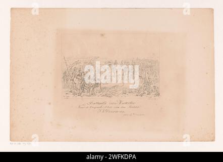 Bataille de Waterloo, Nicolaas Pieneman, d'après Jan Willem Pieneman, 1819 - 1860 imprimer bataille de Waterloo, 18 juin 1815. Vue du champ de bataille lorsque le commandant anglais Wellington entend que l'aide prussienne est sur la route. Le blessé Willem, prince d'Orange, est emmené à gauche au premier plan. Les commandants et autres officiers à cheval sont au milieu, au premier plan des soldats blessés et morts. Les combats font rage sur le champ de bataille en arrière-plan. Frais papier néerlandais  bataille. Mettre hors d'action en blessant Waterloo Banque D'Images