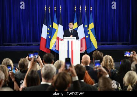 Lund, Suède. 31 janvier 2024. LUND, SUÈDE 20240131Le président du Conseil, Emmanuel Macron, prend la parole lors d’une réception organisée par le couple présidentiel français en l’honneur du couple royal suédois à Lund, en Suède, le 31 janvier 2024. Le président français Macron et son épouse Brigitte effectuent une visite d'État de deux jours en Suède. Photo : Johan Nilsson/TT/Code 50090 crédit : TT News Agency/Alamy Live News Banque D'Images