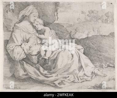 Mère avec enfant sur vos genoux, Anonyme, Stefano della Bella (attribution rejetée), 1620 - 1664 imprimer Une femme assise avec un enfant sur leurs genoux, appuyé contre un mur de roche. Un paysage en arrière-plan. gravure de papier mère et bébé ou jeune enfant Banque D'Images