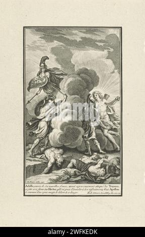 Combat entre Achille et Hector, Bernard Picart (atelier ou), après Bernard Picart, 1710 print Achille porte sa nouvelle armure et combat avec Hector. Minerva se bat avec lui. Hector, cependant, est protégé par Apollon, combattant du côté des chevaux de Troie et le sien dans un nuage pour le protéger. Dans la marge une légende en français. Amsterdam papier gravure / gravure la dixième année de la guerre de Troie (partie II) : Achille de retour à la guerre ; ses dernières actions et sa mort Banque D'Images